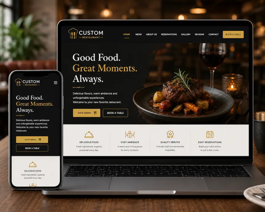 Custom restaurant website shown on a phone and laptop
