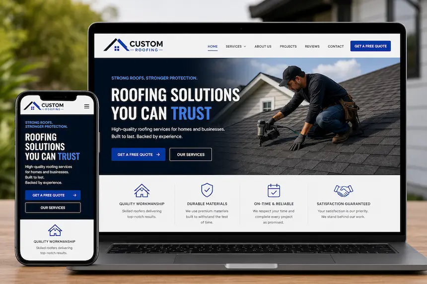 Custom roofing company website shown on a phone and laptop