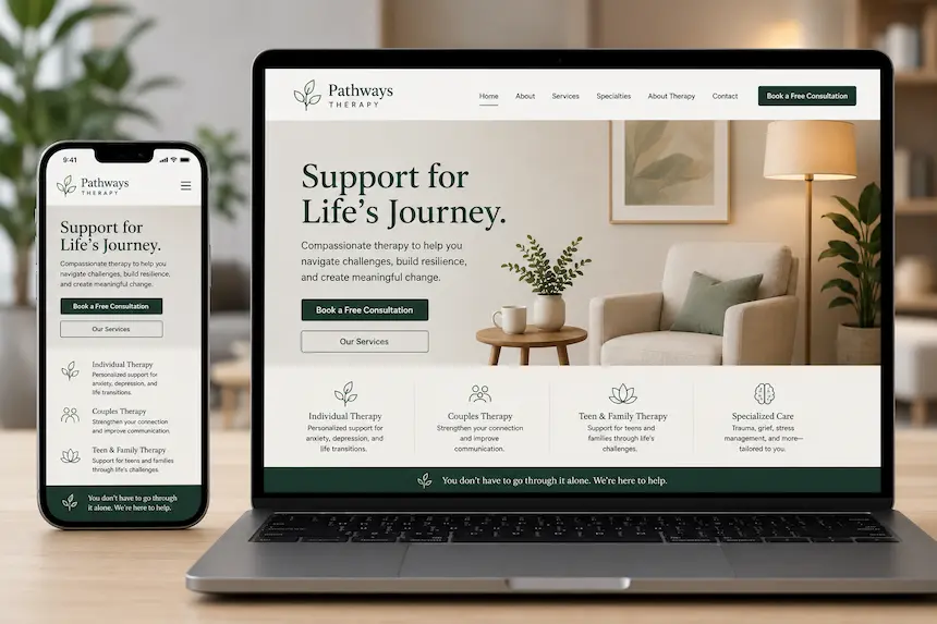 Custom therapy practice website shown on a phone and laptop